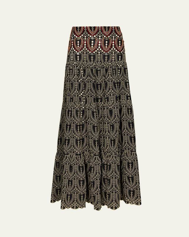 Palm Rhythm Eyelet Sequined Maxi Skirt